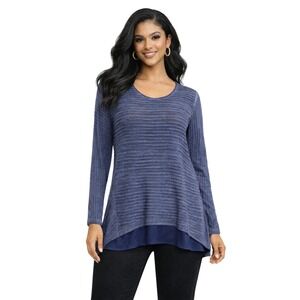Soft Surroundings Navy Blue Ribbed Layered Top Long Sleeve Scoop Neck Women M